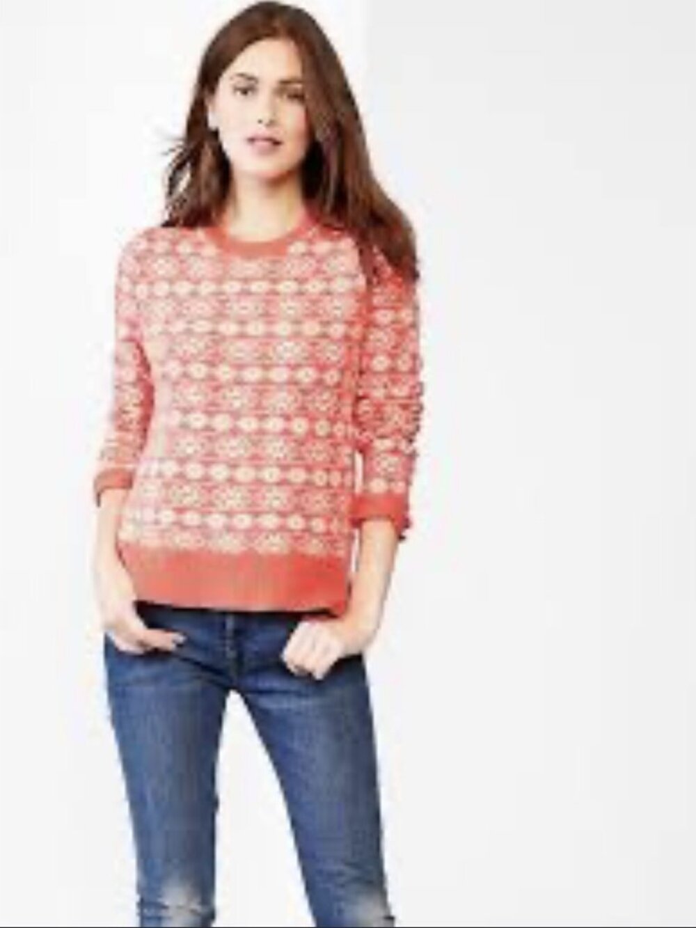 Gap Sweater Womens Large Pink White Fair Isle Wool Blend Crew Pullover Classic